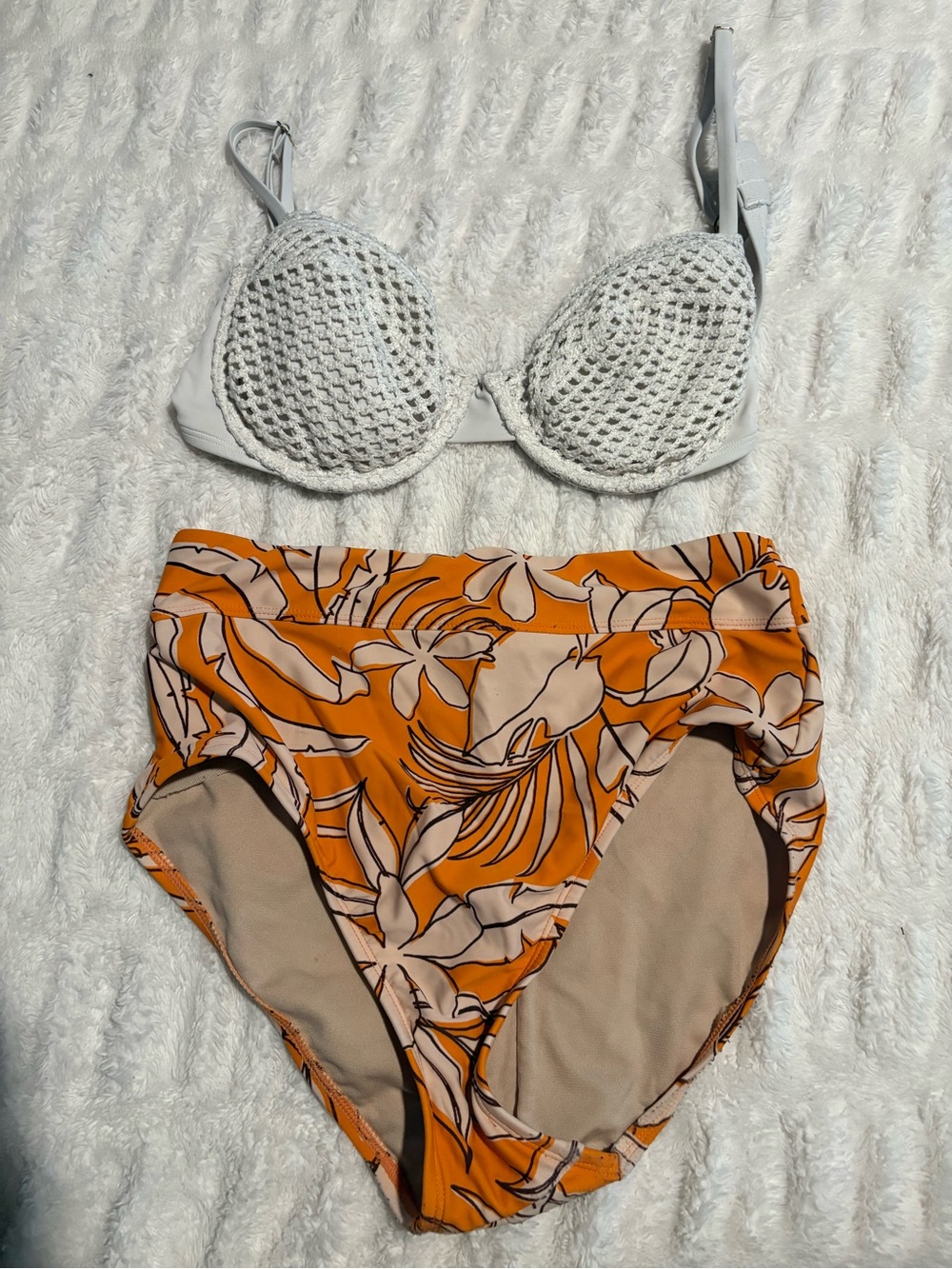 Shade & Shore White Crochet Top with Orange Floral High-Waist Bottom Bikini